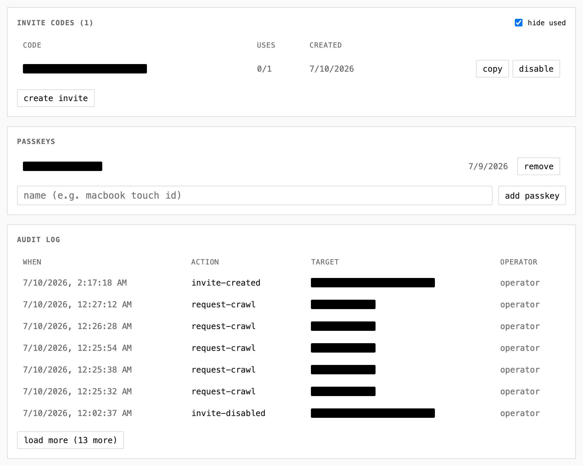invite codes, passkeys, and audit log