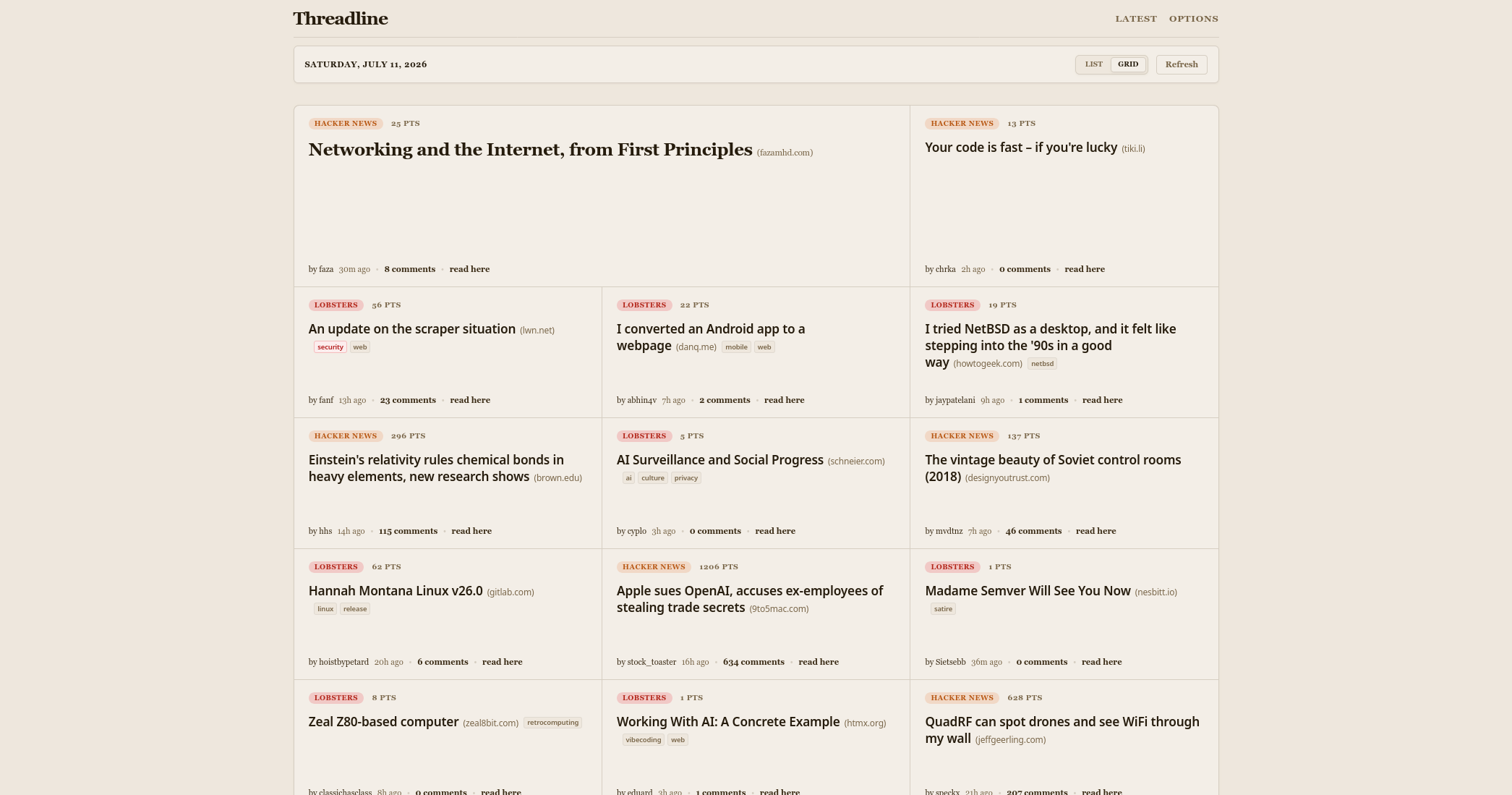 Threadline grid layout in sepia theme